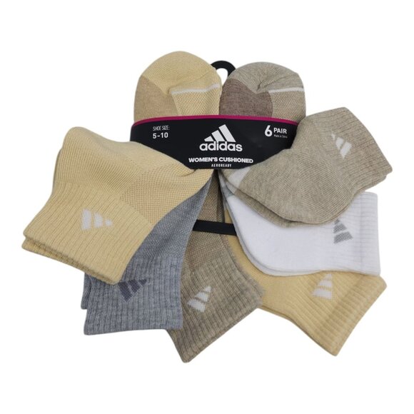 Adidas Womens Cushioned AEROREADY Ankle Socks 6-Pack Size 5-10 Tan Gray White - Picture 1 of 7